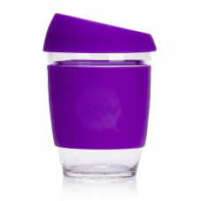 Joco reusable glass coffee cup with purple sleeve